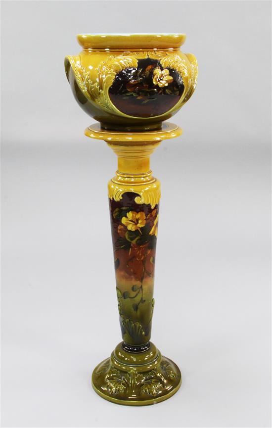 A Bretby Aesthetic period pottery jardiniere and stand, late 19th century, jardiniere 27cm across, total height 110.5cm.